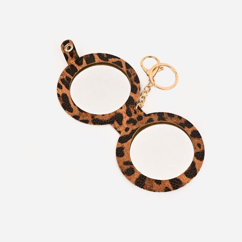 豹纹搭扣圆形小镜子pu皮折叠双面镜随身便携补妆镜钥匙扣挂件白底实物图