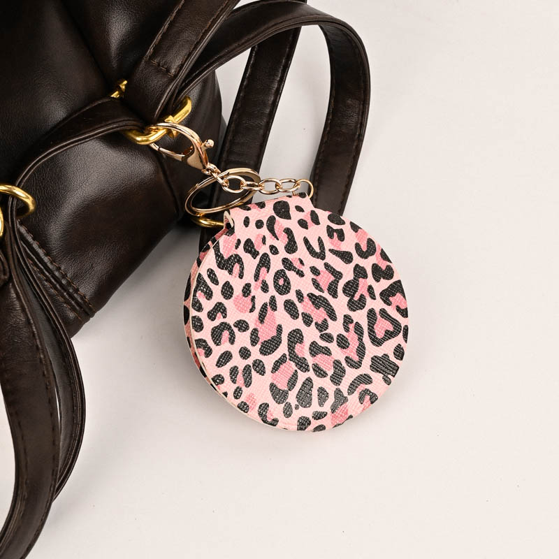 豹纹搭扣圆形小镜子pu皮折叠双面镜随身便携补妆镜钥匙扣挂件外贸
