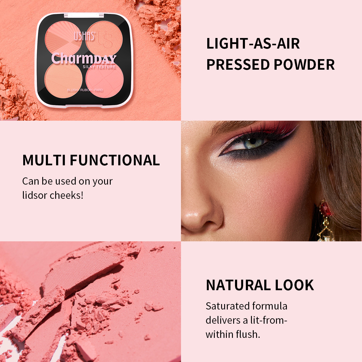 USHAS cross-border stock four-grid Powder Blush for Europe and America, light, fine and natural makeup effect UBL003 details Picture