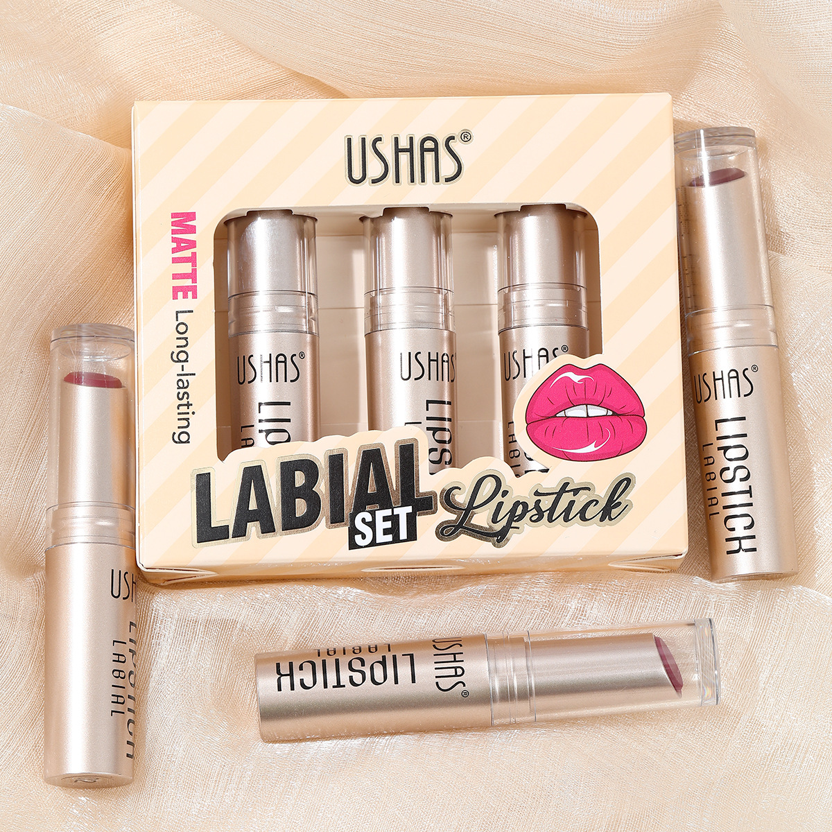 USHAS European and American cross-border Stock 3-piece Lipstick Set, Long-lasting Waterproof Moisturizing Lip Matte Lipstick US010A Specification drawing