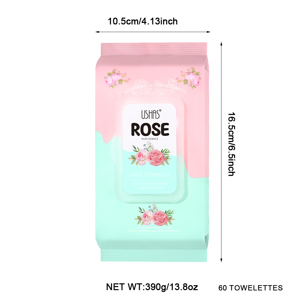 USHAS cross-border stock 60-pack disposable makeup remover wet wipes, cleaning wet wipes, facial cleansing wipes HA427 Item Picture