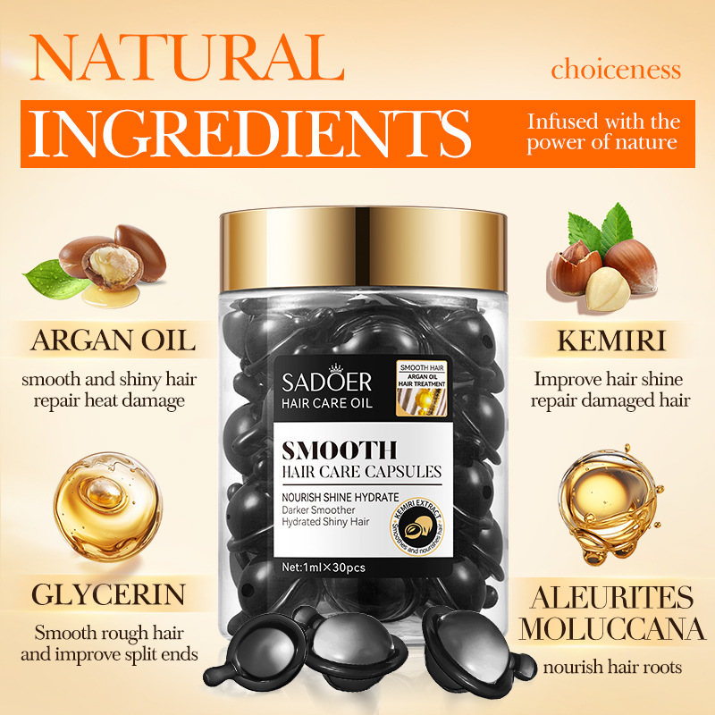 Cross-border export wholesale of SADOER Moroccan Argan oil Hazelnut Softening Hair Care Capsules and hair conditioner in full English Specification drawing
