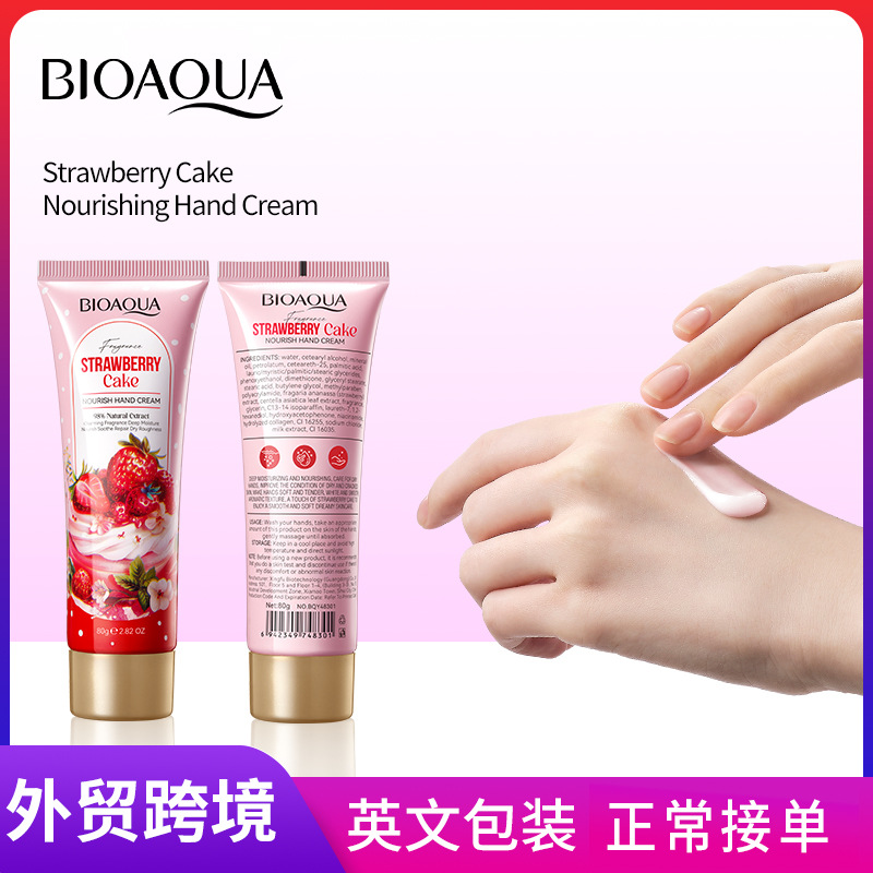 All-english BIOAOUA Strawberry Cake Nourishing Hand Cream Autumn and Winter Moisturizing Hand Cream Cross-border export wholesale full figure
