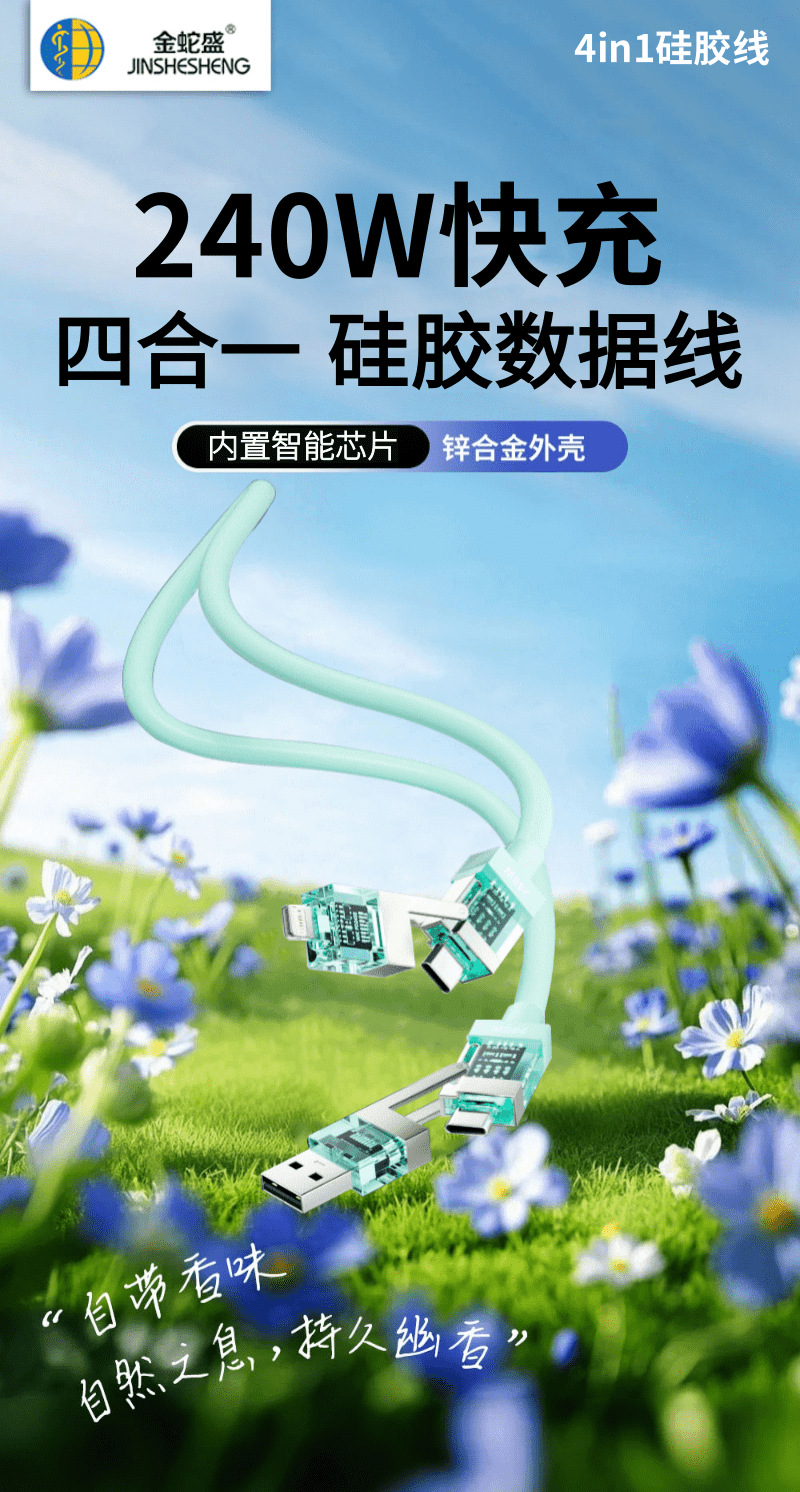 Transparent visual chip intelligent flash charging with built-in fragrance 240W four-in-one silicone data cable, suitable for Apple and Huawei pic 6