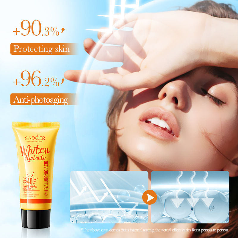 Cross-border export wholesale of SADOER Water-based whitening, Sun protection and Anti-aging Gel Exfoliating sunscreen in full English Specification drawing