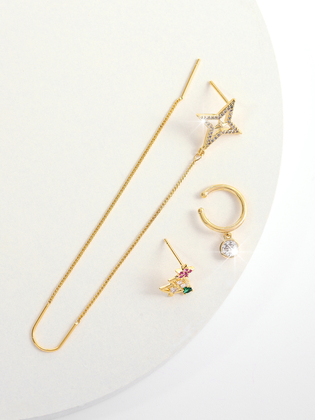 Xuhui brand exquisite and light luxury copper plated with real gold and zircon 925 silver needle star design fashionable stud earrings and ear hooks Item Picture