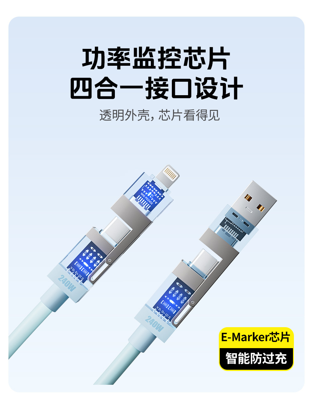 Transparent visual chip intelligent flash charging with built-in fragrance 240W four-in-one silicone data cable, suitable for Apple and Huawei pic 5
