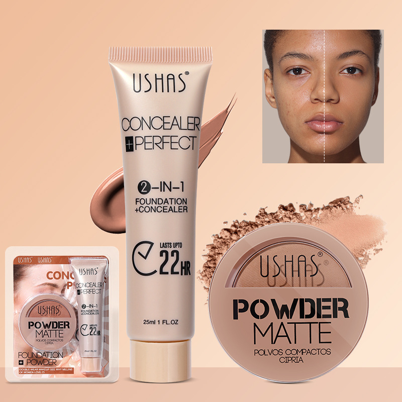 USHAS cross-border in-stock makeup powder compact + foundation set, waterproof, non-smudging, brightens skin tone, Amazon details Picture