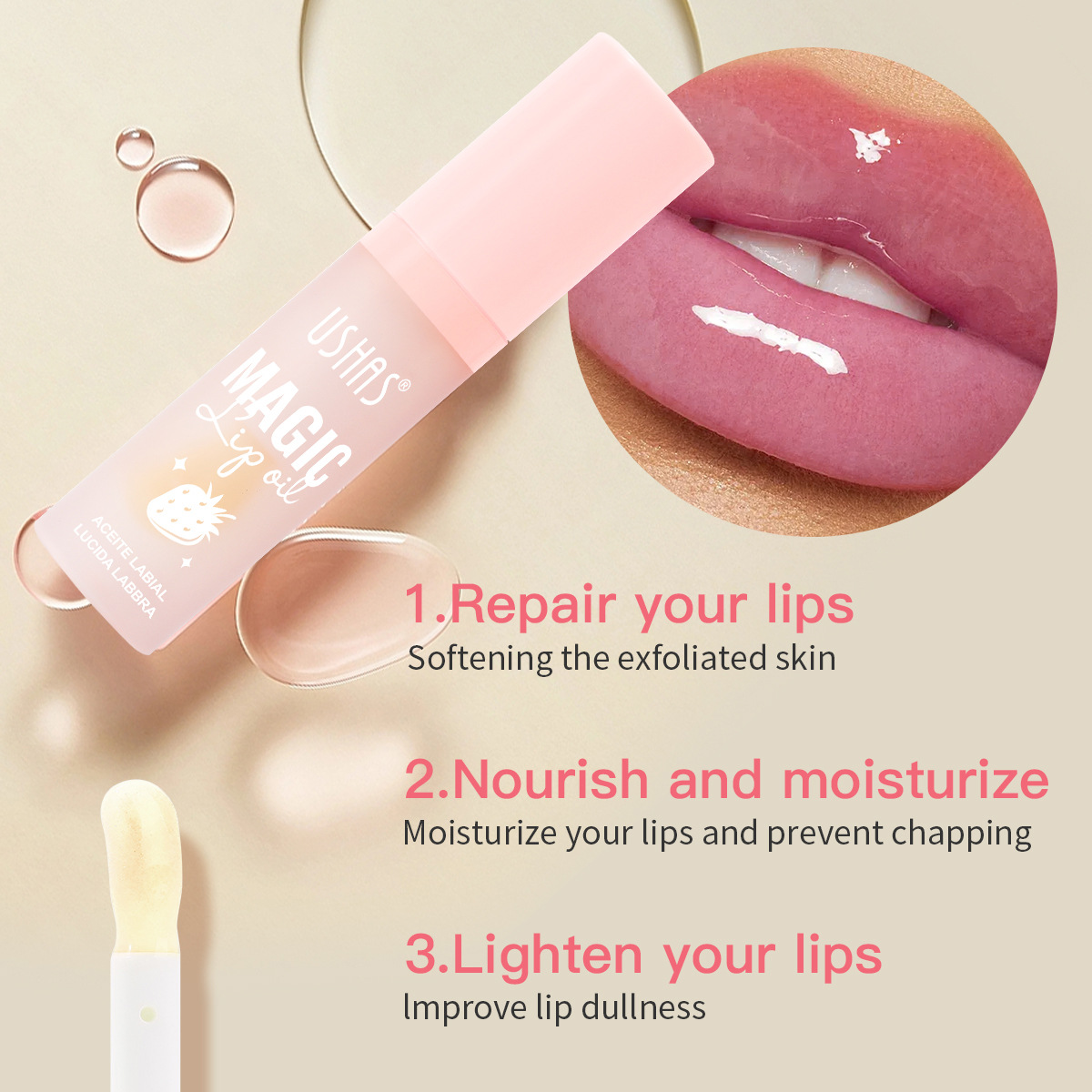 USHAS UC004, a long-lasting fruit refreshing, brightening, moisturizing and nourishing lip oil, is a bestseller on Amazon for cross-border trade in Europe and America details Picture