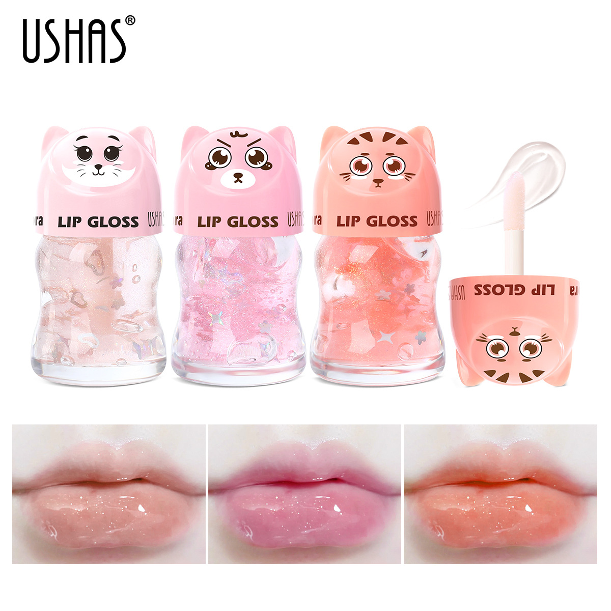 USHAS's best-selling cross-border in-stock 3-color liquid lip gloss and long-lasting lip oil are available in boxed form full figure