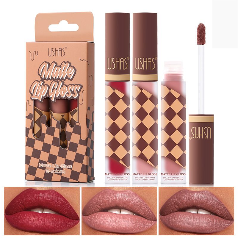 USHAS Amazon's best-selling chocolate lip gloss non-stick cup long-lasting lipstick matte Lipstick 3-piece set full figure