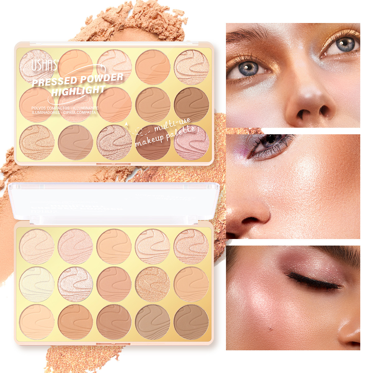 USHAS cross-border Makeup bestsellers: 15-color high-disc concealer and Contouring powder compact + High-gloss UF096A+B full figure