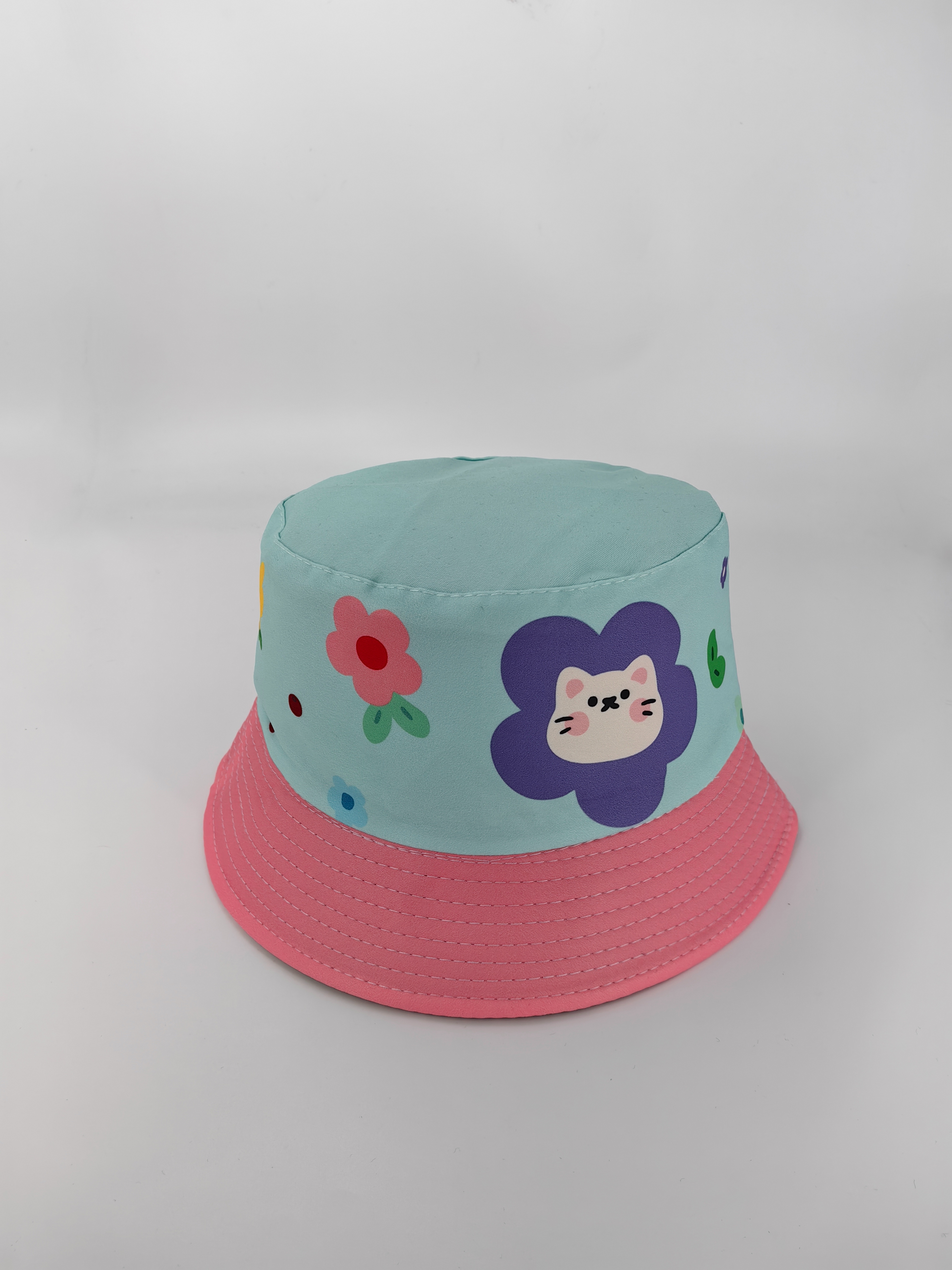 New spring and summer style little cat double-sided fisherman's hat, cute cartoon, versatile, outdoor sunshade and sun protection, foldable for easy carrying, unisplendable, pier circumference 54CM fisherman's hat details Picture