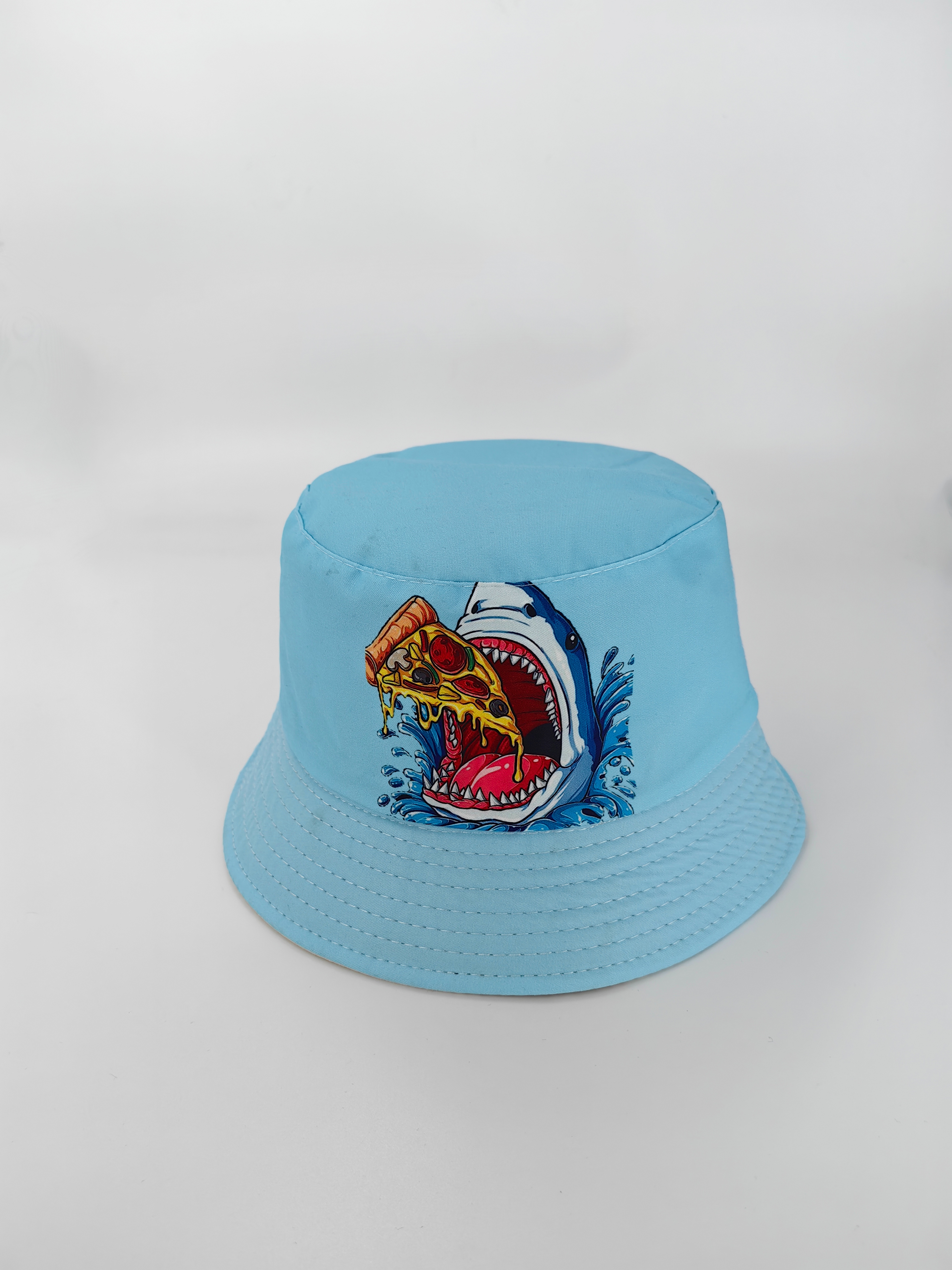 The new spring and summer style shark eating pizza, double-sided fisherman's hat, cute cartoon, versatile, outdoor sun protection, foldable for easy carrying, unisplusour, 54CM fisherman's hat Application Scenario