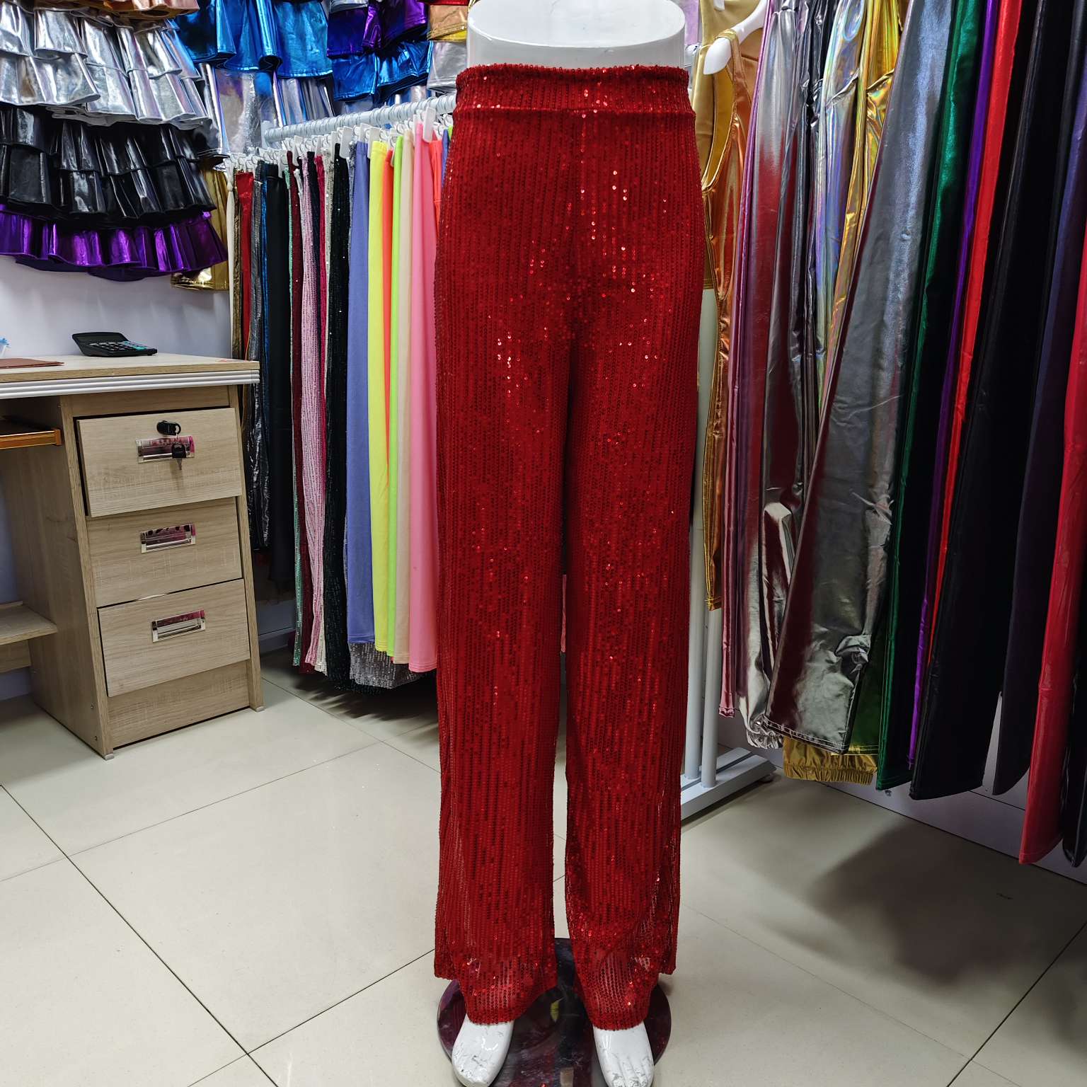 Factory direct-selling 支持定制欧美跨境女装高腰时尚休闲裤亚马逊亮片宽松垂感阔腿裤舞台派对节日服详情图1