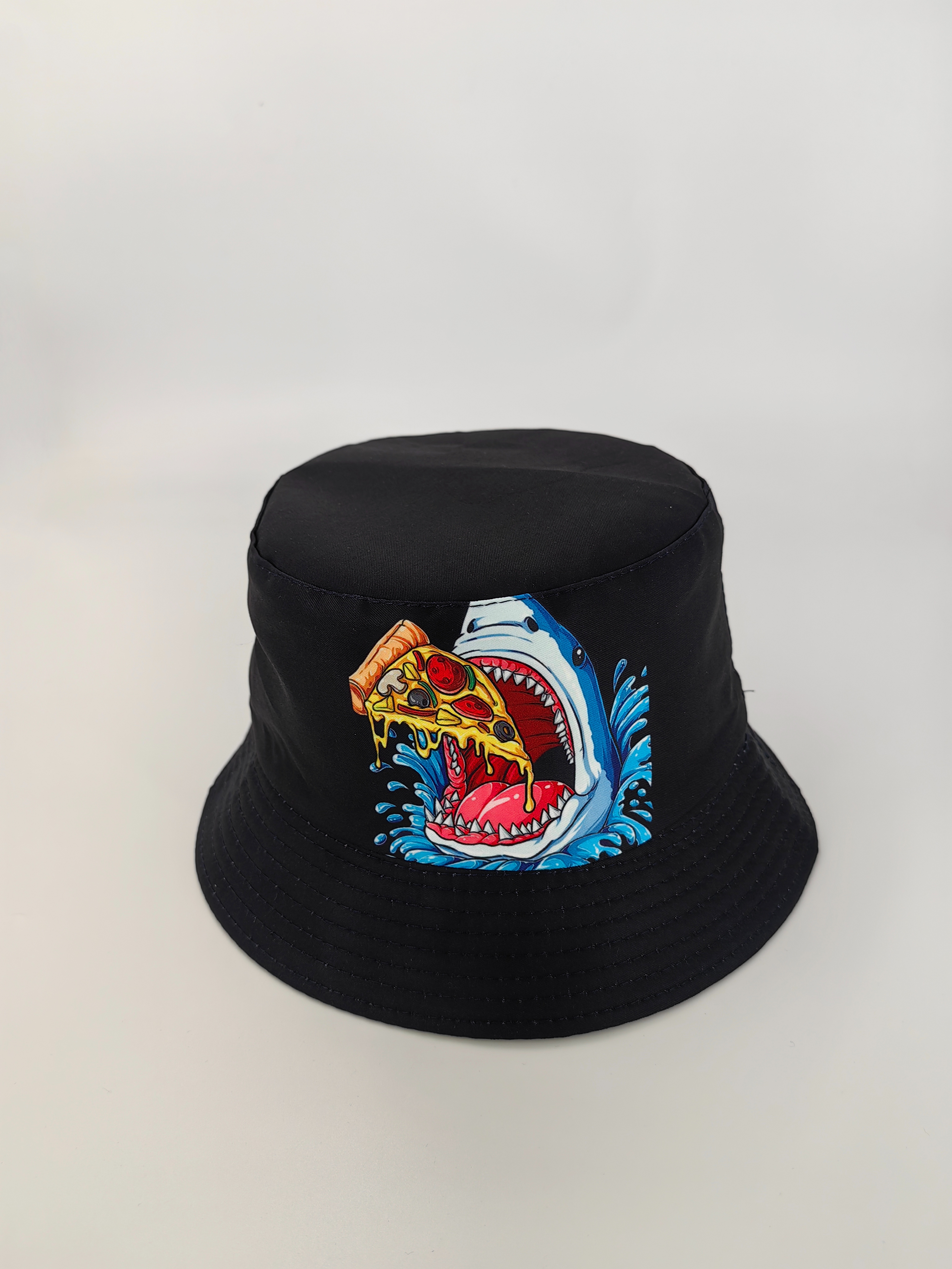 The new spring and summer style shark eating pizza, double-sided fisherman's hat, cute cartoon, versatile, outdoor sun protection, foldable for easy carrying, unisplusour, 54CM fisherman's hat Specification drawing