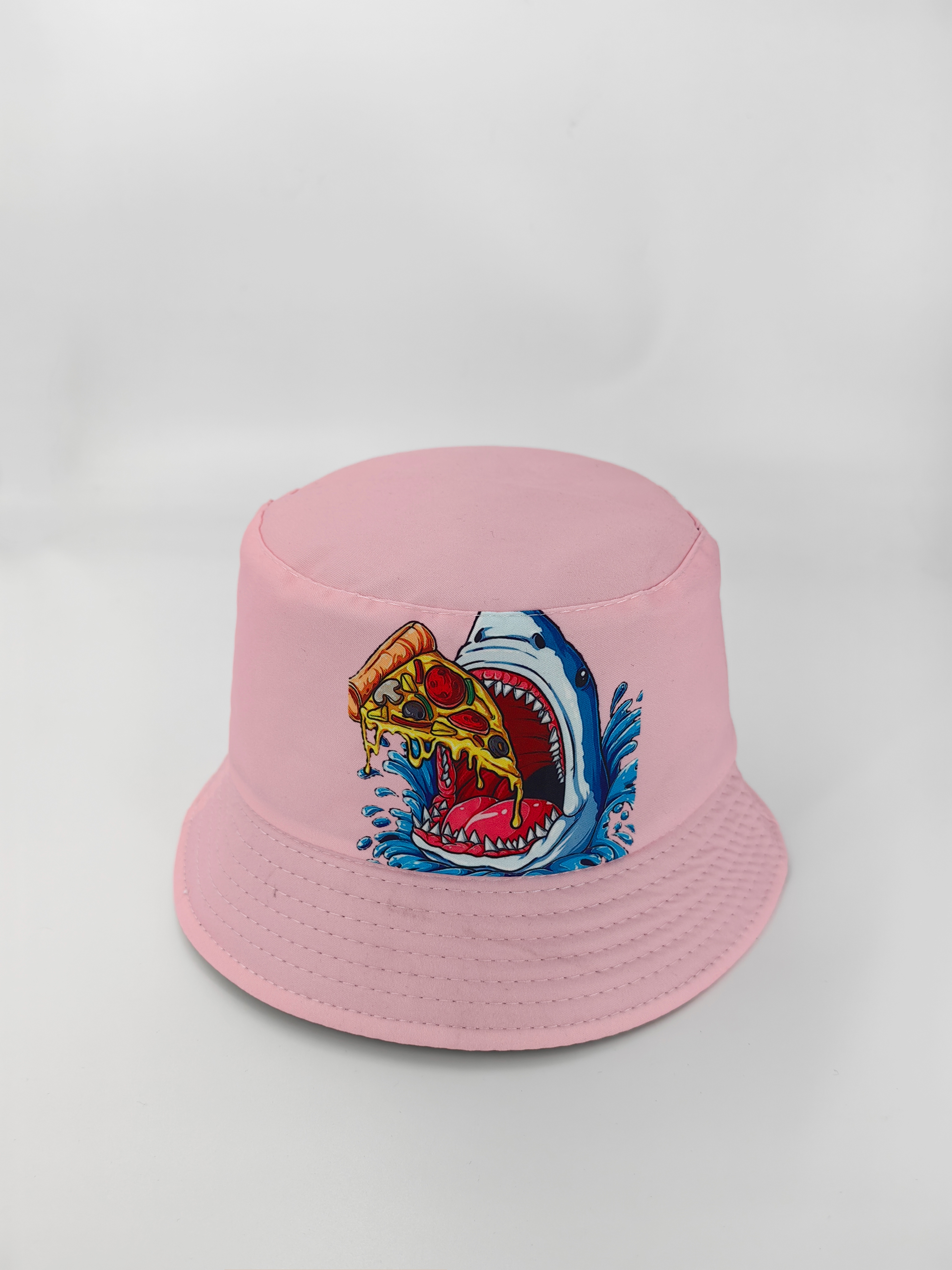 The new spring and summer style shark eating pizza, double-sided fisherman's hat, cute cartoon, versatile, outdoor sun protection, foldable for easy carrying, unisplusour, 54CM fisherman's hat full figure