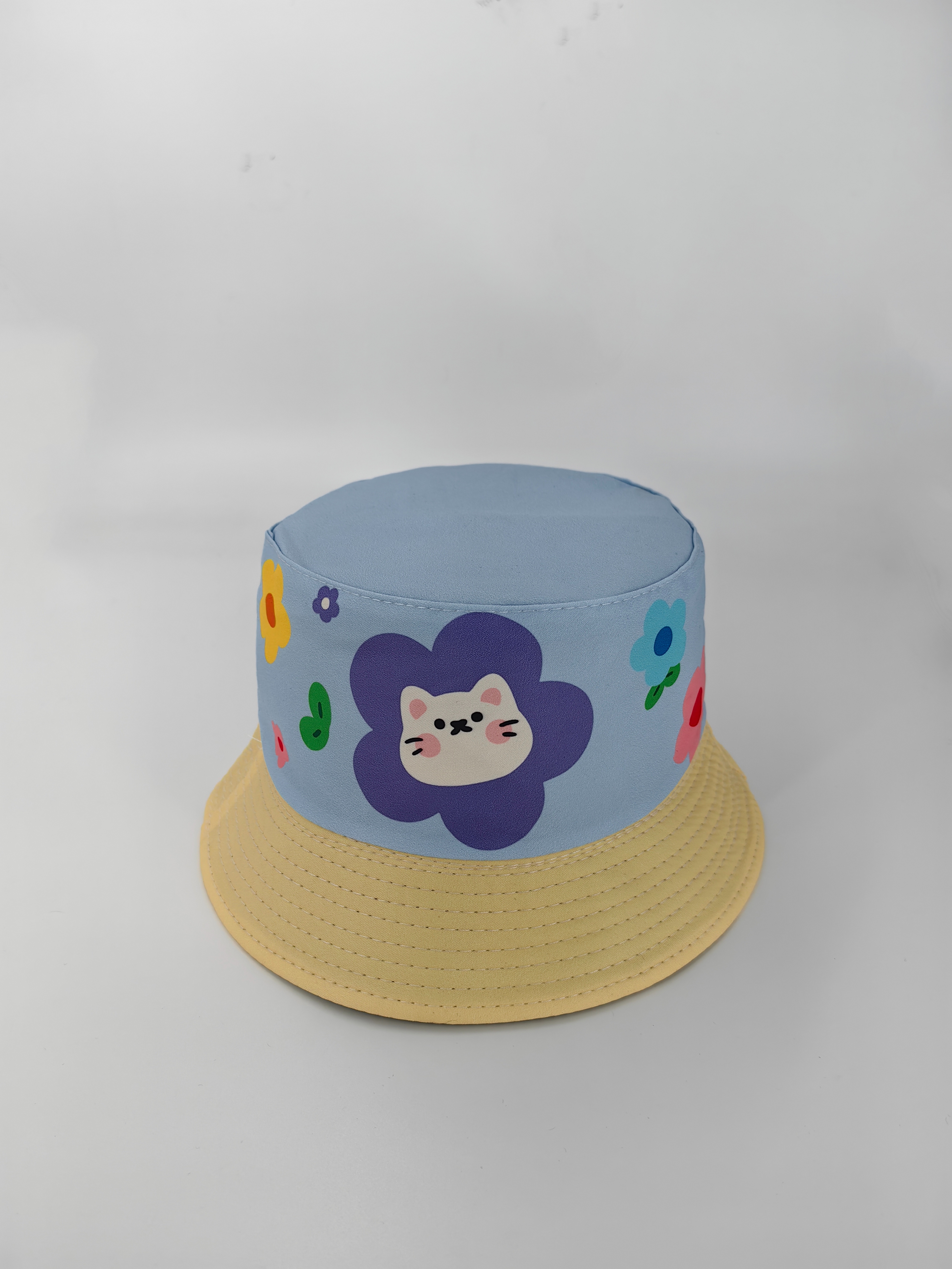 New spring and summer style little cat double-sided fisherman's hat, cute cartoon, versatile, outdoor sunshade and sun protection, foldable for easy carrying, unisplendable, pier circumference 54CM fisherman's hat Specification drawing