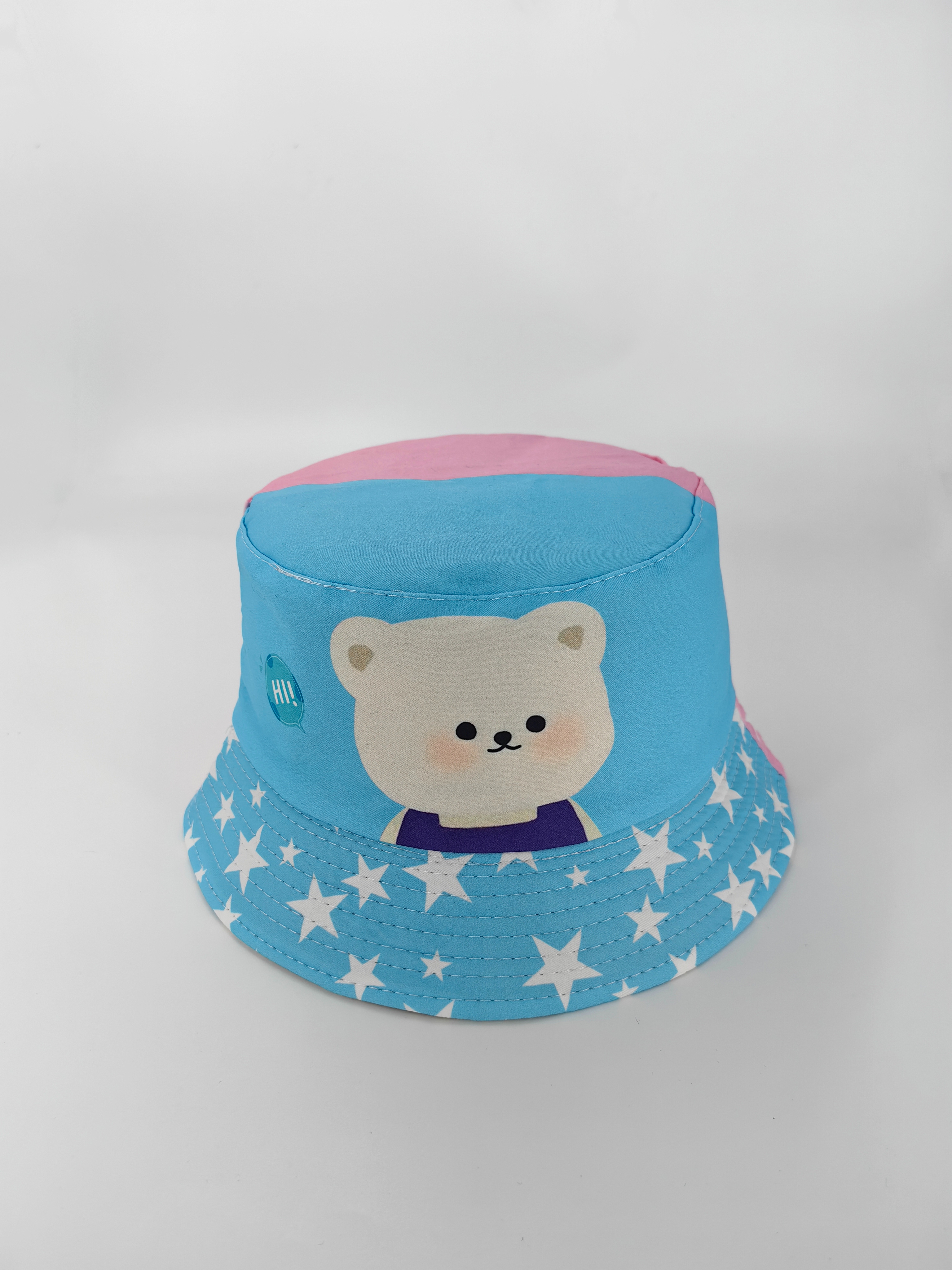 Spring and summer new two-sided color-blocked bear Hi, double-sided fisherman's hat, cute cartoon, versatile, outdoor sunshade and sun protection, foldable for easy carrying, unisplifter, pier circumference 54CM fisherman's hat details Picture