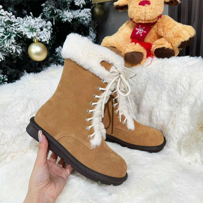 New vintage thick-soled fleece riding boots made of full leather with insole height increase, warm mid-calf Martens laced fur snow boots Application Scenario