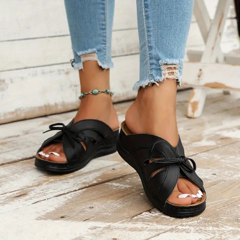 Cross-border trade large-sized bow wedge heel flat sandals 2025 new solid color fish-mouth hollowed-out hole shoes Specification drawing