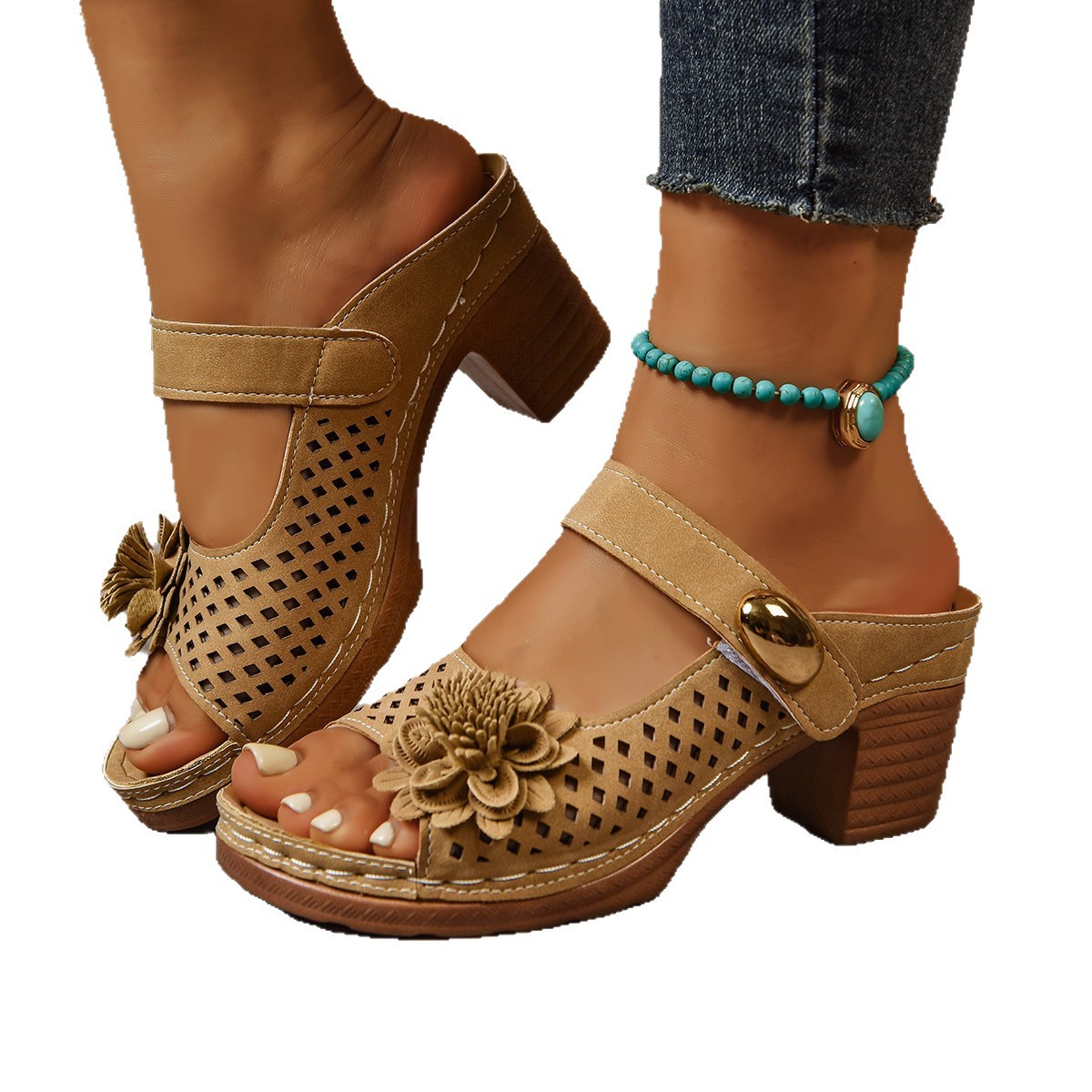 Cross-border trade large-sized flower-patterned high-heeled sandals for women in spring, new European and American fashionable casual Roman sandals Item Picture