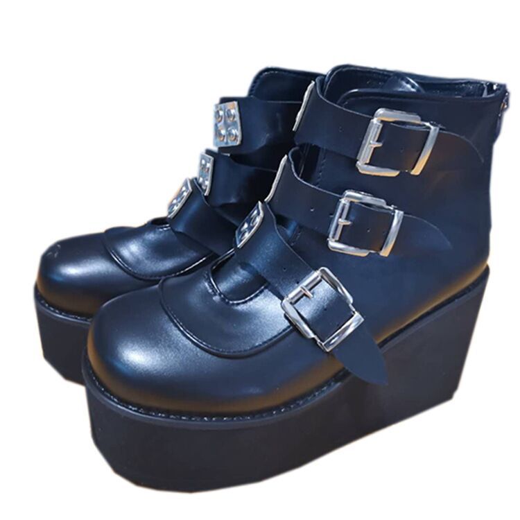 New 2020 Amazon foreign trade large-sized high-heeled matte boots, women's boots with belt buckle and wedge heels Item Picture