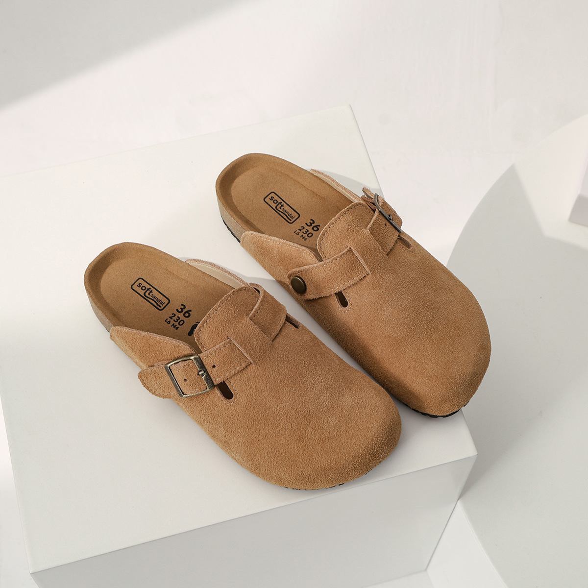 Boken women's shoes, cork inner height-increasing thick-soled slippers, all-leather flat fishing shoes, Boken shoes, toe caps, cotton shoes, half slippers details Picture