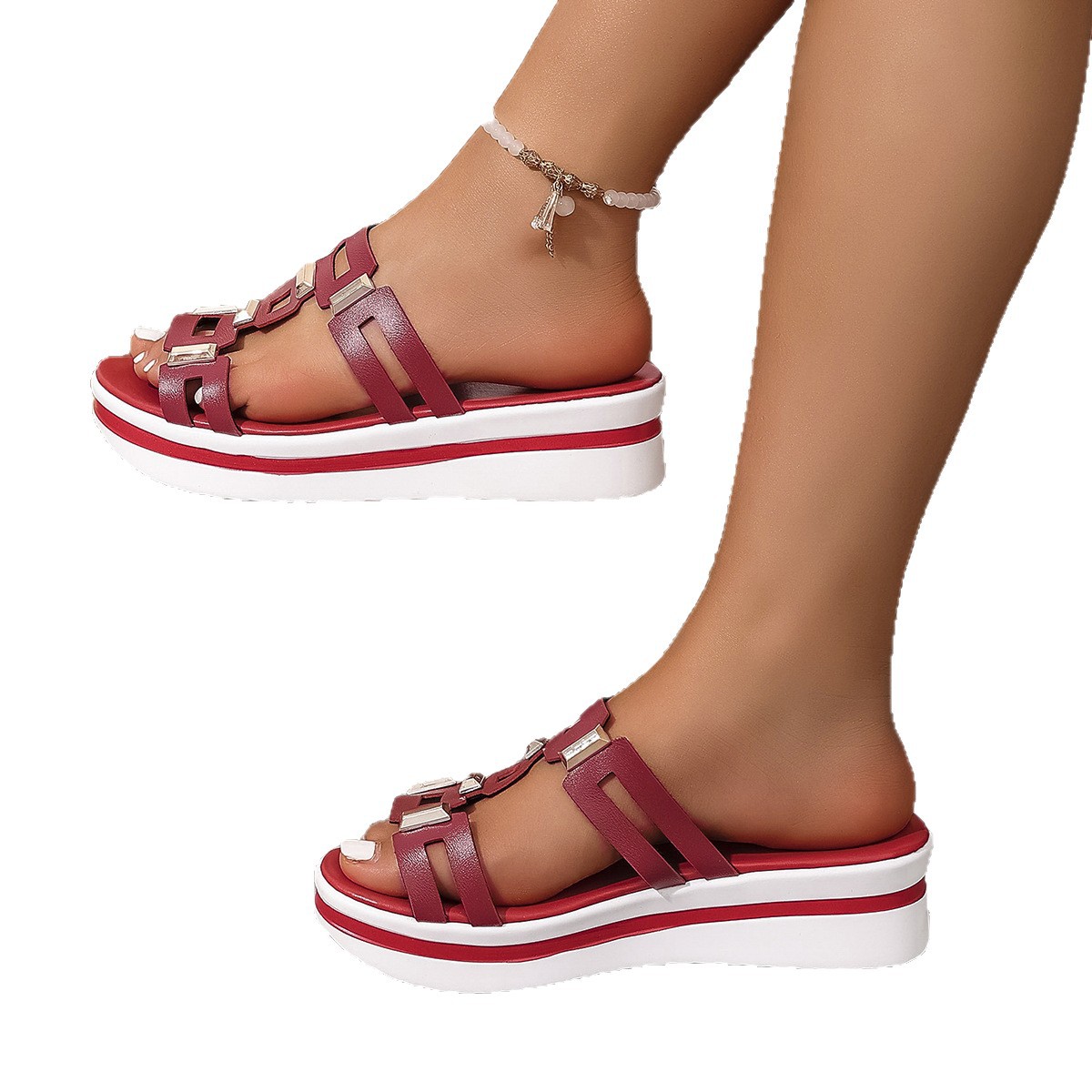 European and American cross-border stock large-sized slippers for women to wear outside, 2025 summer new thick-soled fish-mouth slippers for women, lightweight sand Item Picture