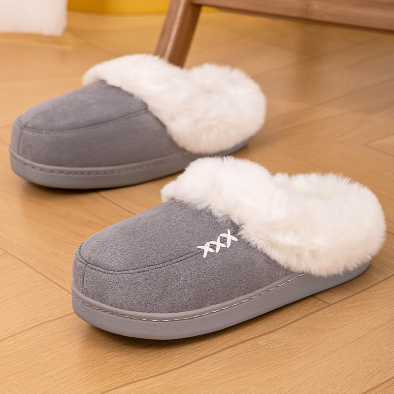 Cross-border new style wholesale women's shoes, woolen slippers, home warm straps, heel cotton slippers, fleece anti-slip, white woolen cotton shoes details Picture