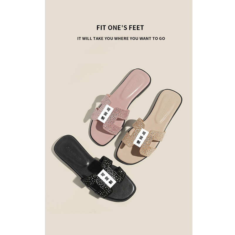 Summer 2025 genuine leather casual flat sandals, fashionable outerwear, classic beach-patterned diamond one-shoulder slippers full figure