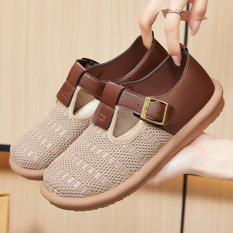 New spring collection of simple and versatile casual shoes for women, fashionable mom shoes, breathable net shoes, color-blocked buckle lazy shoes full figure
