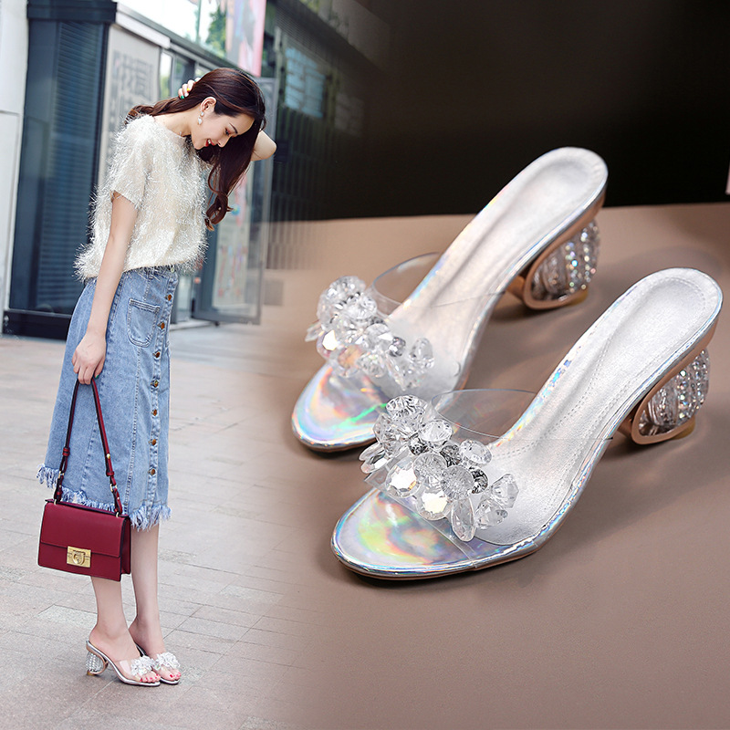 A new style of women's sandals with mid-heel and flip-flops, featuring crystal thick heels, high heels, one-shoulder slippers and transparent semi-support with rhinestones details Picture