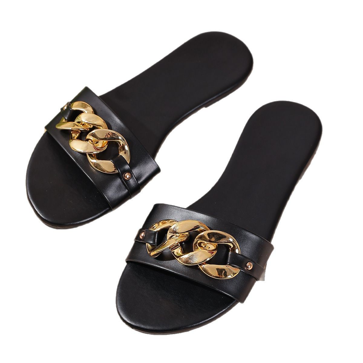 Fashionable and trendy slippers for women, summer 2025, round-toed flat flip-flops, metal buckle one-piece flip-flops, large size 45 Item Picture