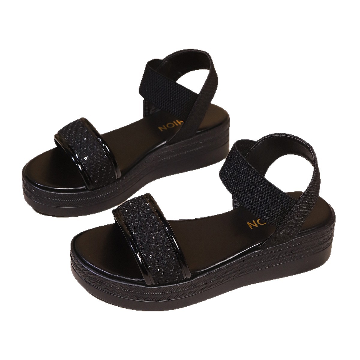 2025 New sequined elastic wedge sandals for women in summer, large-sized thick-soled pine cake European and American sandals 43 Item Picture