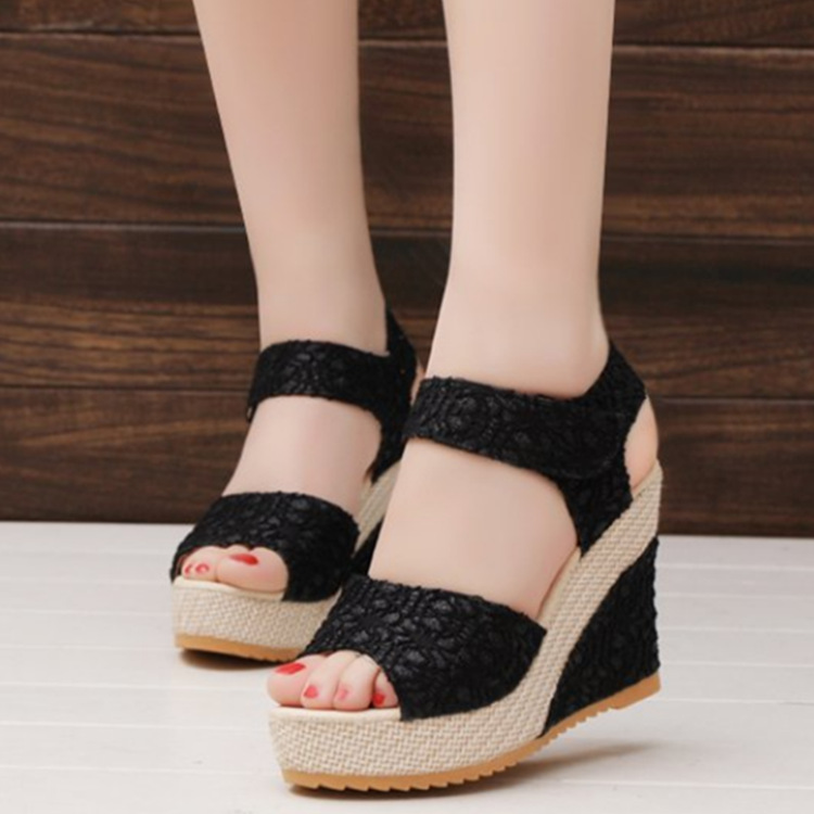 2021 Summer New style fashionable sponge sandals, Korean-style mesh Velcro high-heeled fish-mouth wedge sandals for women in stock full figure