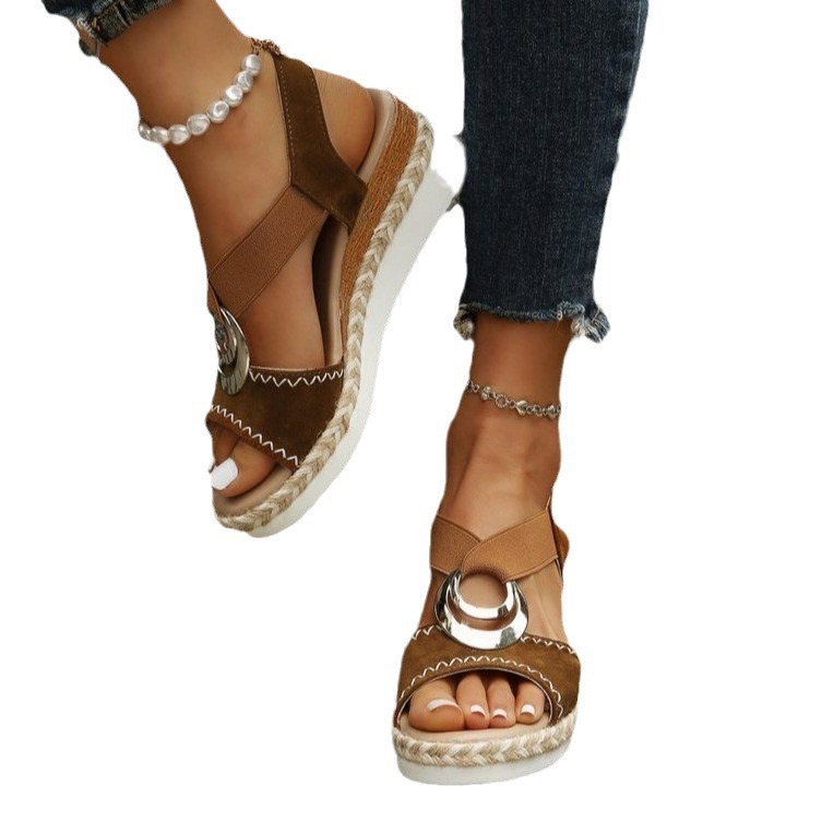 Summer new round head fish-mouth thick-soled wedge heel sandals for women, European and American large-sized muffin and outerwear metal buckle women's sandals Item Picture