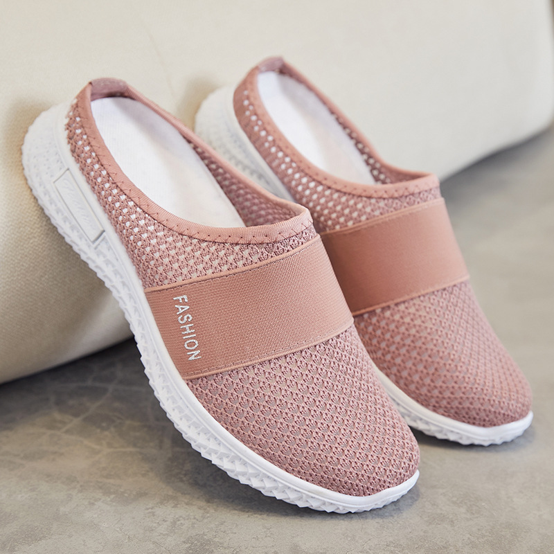Women's cross-border trade shoes, casual shoes, woven breathable flat shoes, toe caps, half slippers, solid color, versatile single shoes Application Scenario