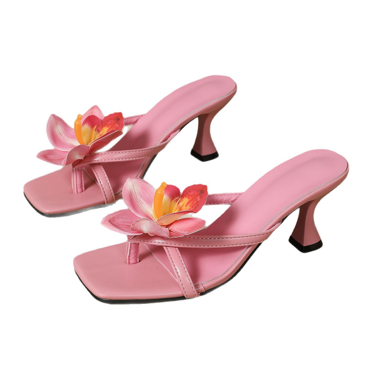 Cross-border large-sized women's shoes with a square toe and thin heel that fits the feet, semi-flip-top high-heeled flip-flops for women, and small floral sandals from Europe and America Item Picture