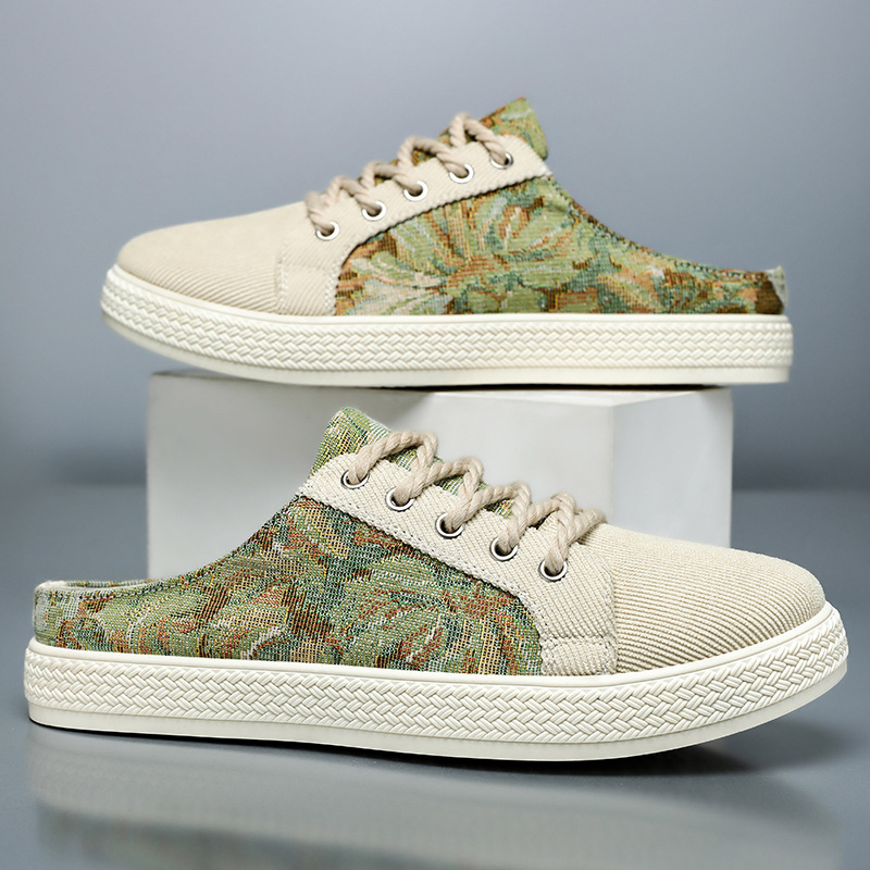 Men's shoes, half-slipper, printed trendy casual shoes, breathable and non-smelly, toe cap slippers, soft-soled comfortable sandals full figure