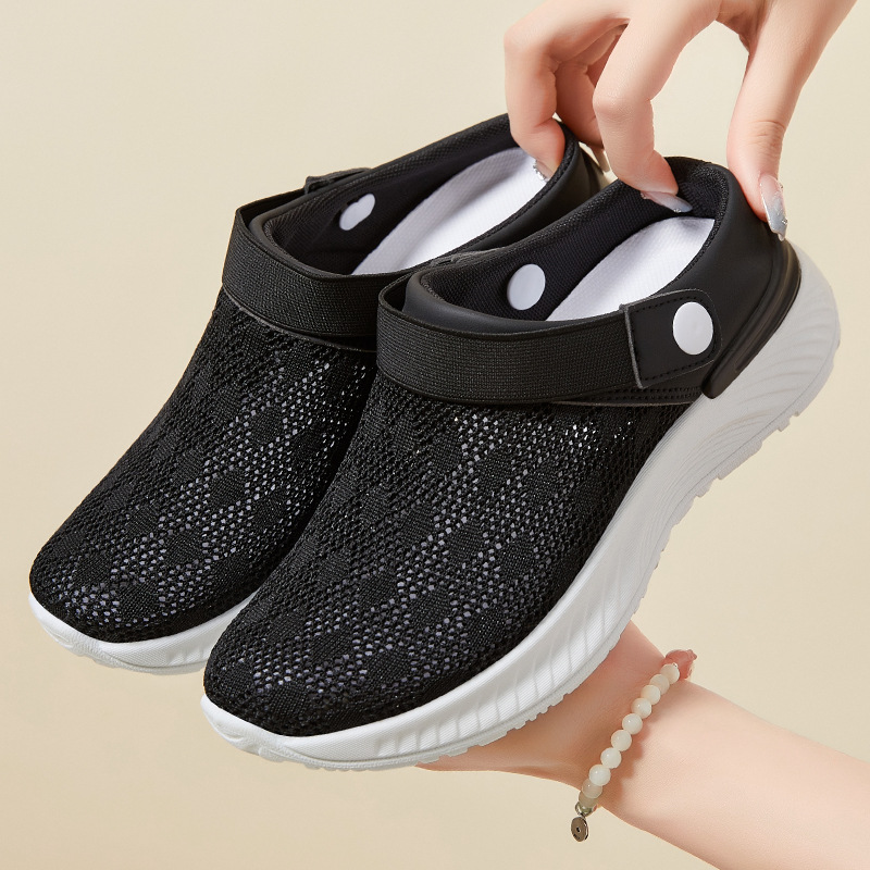 Women's summer fei-woven breathable single shoes with toe caps and half-support casual shoes, foreign trade women's shoes, solid color versatile mesh slippers full figure