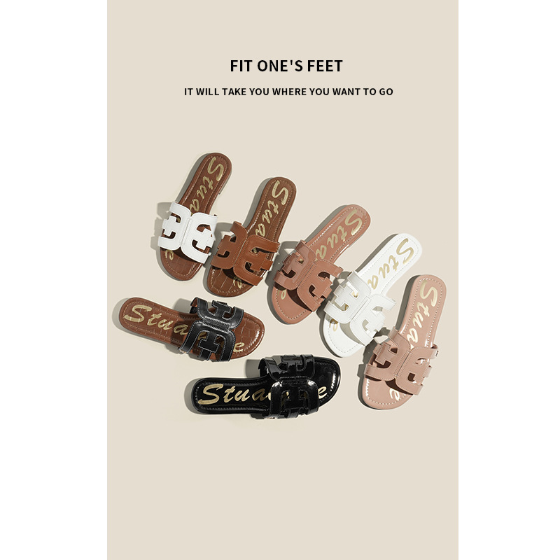 2025 New style of foreign trade shoes, popular slippers, women's outerwear flat, anti-slip, hollowed-out simple beach shoes, one-shoulder slippers full figure