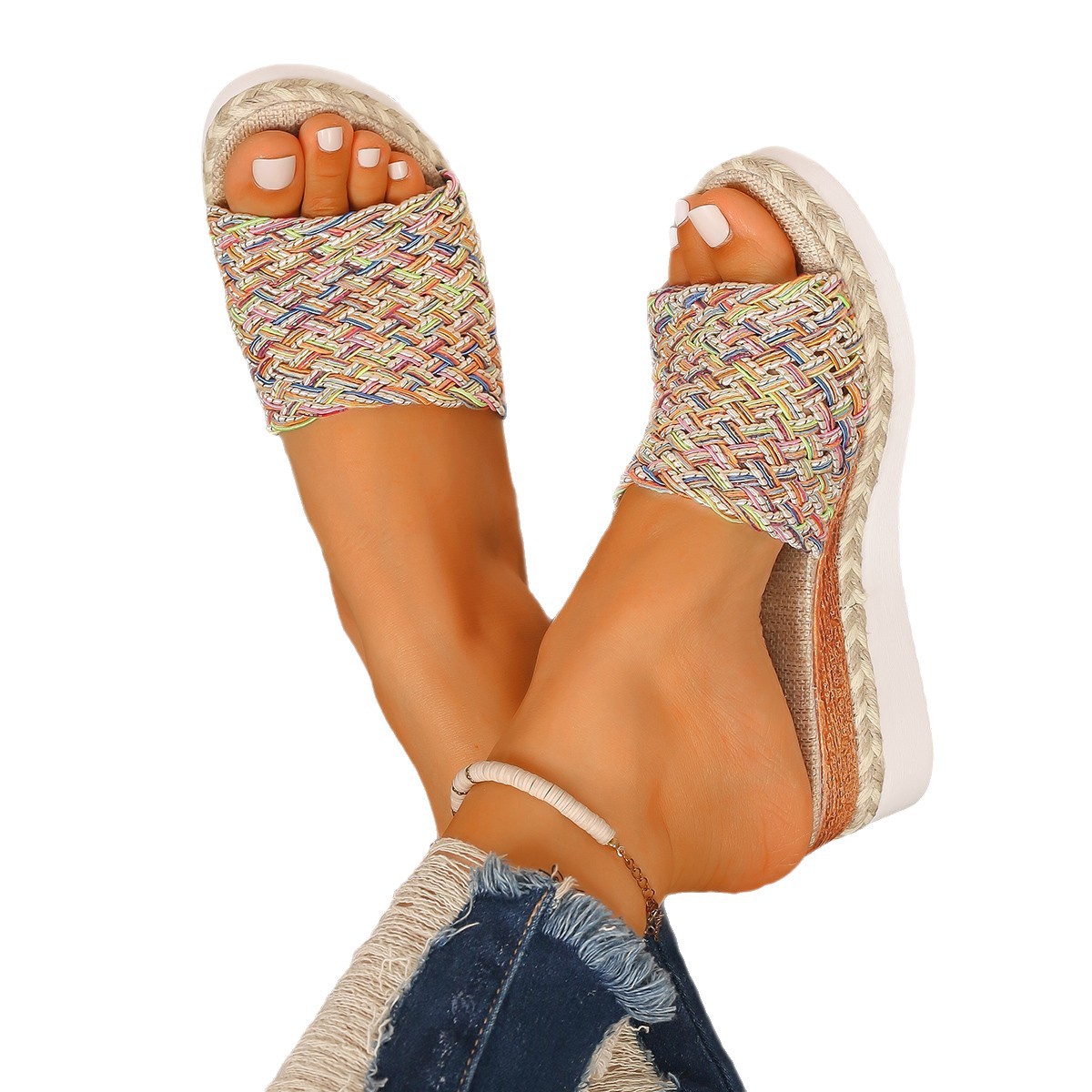 2025 new large-sized women's shoes for export, summer woven fashion, colorful European and American wedge heels, thick-soled one-shoulder flip-flops Item Picture