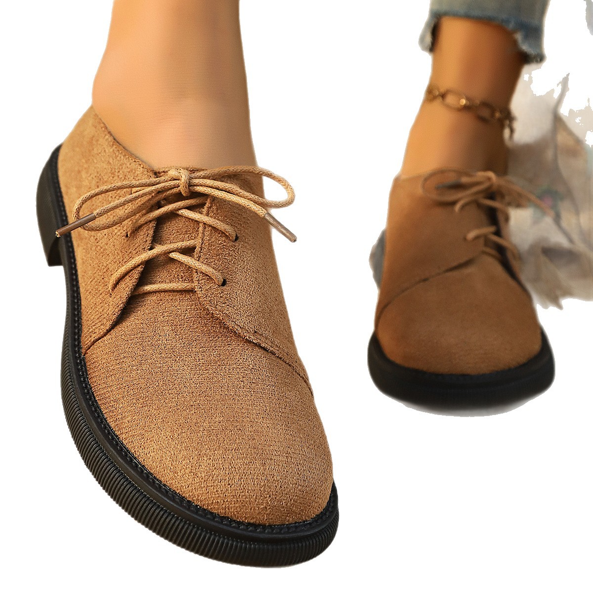Cross-border large-sized low-heeled loafers for women 2025 Spring and Autumn new square-heeled lace-up leopard print British-style small leather shoes Item Picture