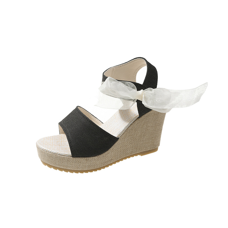 2024 Summer New style wedge heel muffin thick-soled sandals with exposed toes, thick heels and high heels, lace-up sandals for women Item Picture