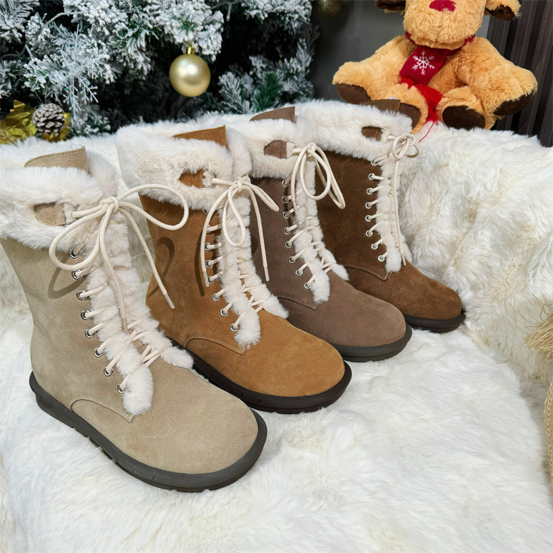 New vintage thick-soled fleece riding boots made of full leather with insole height increase, warm mid-calf Martens laced fur snow boots full figure