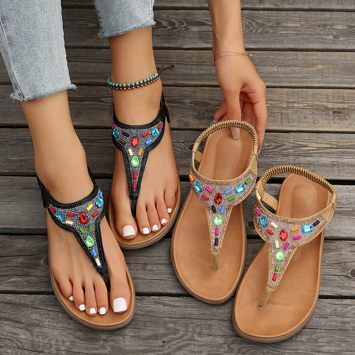 Wholesale Bohemian beaded sandals, women's retro ethnic style button-toe flat sandals, flat herringbone women's shoes on delivery Specification drawing