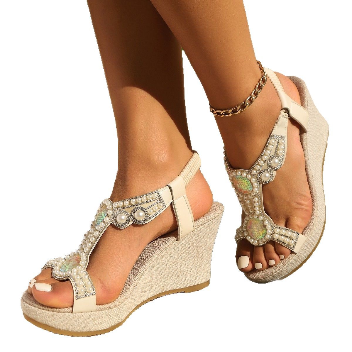 Summer plus-size export wedge heel sandals for women, new thick-soled pearl Roman sandals 2025, cross-border Bohemian 43 Item Picture