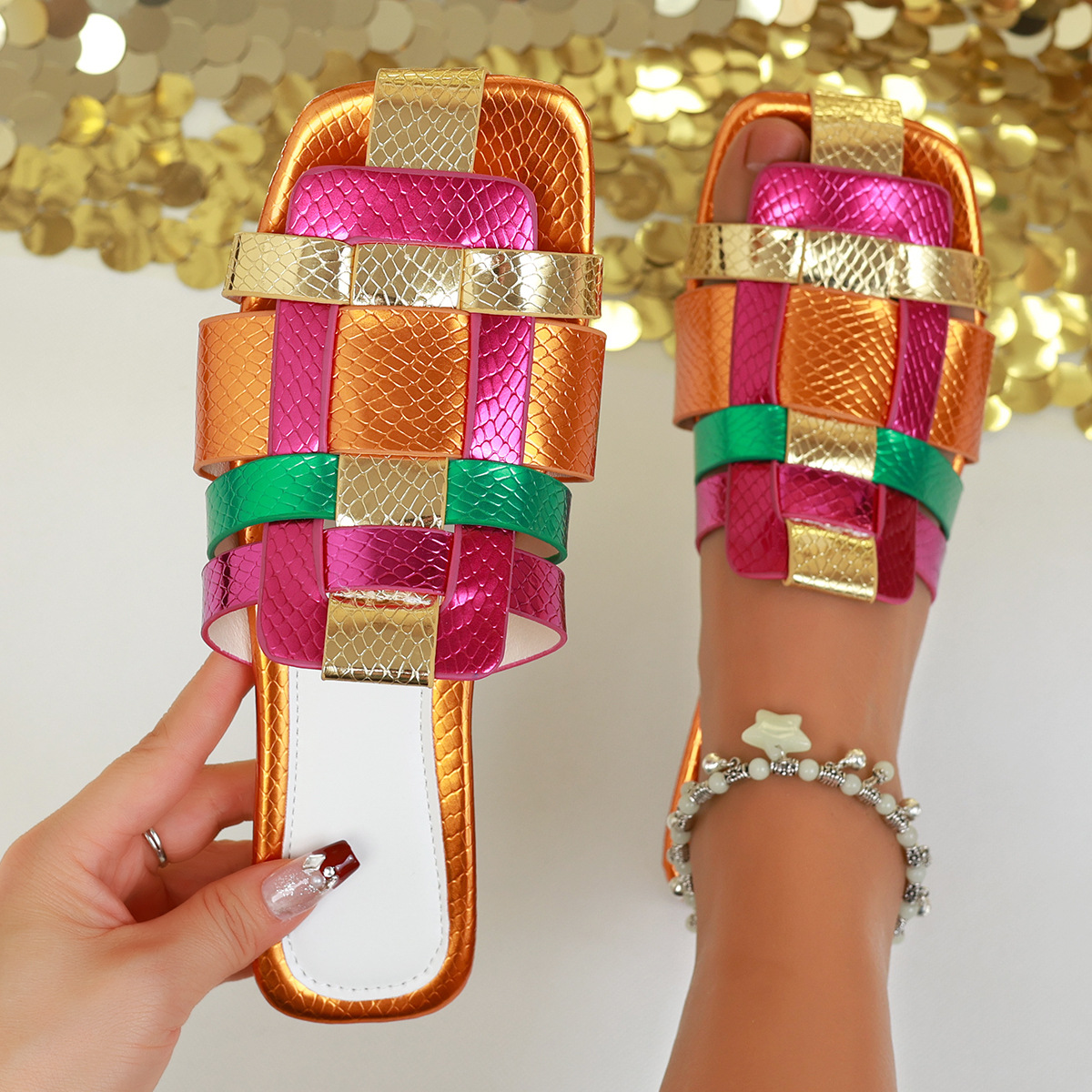 One-stop delivery of new summer 2025 export women's shoes, flat and fashionable Baotou color-block slippers for cross-border women details Picture