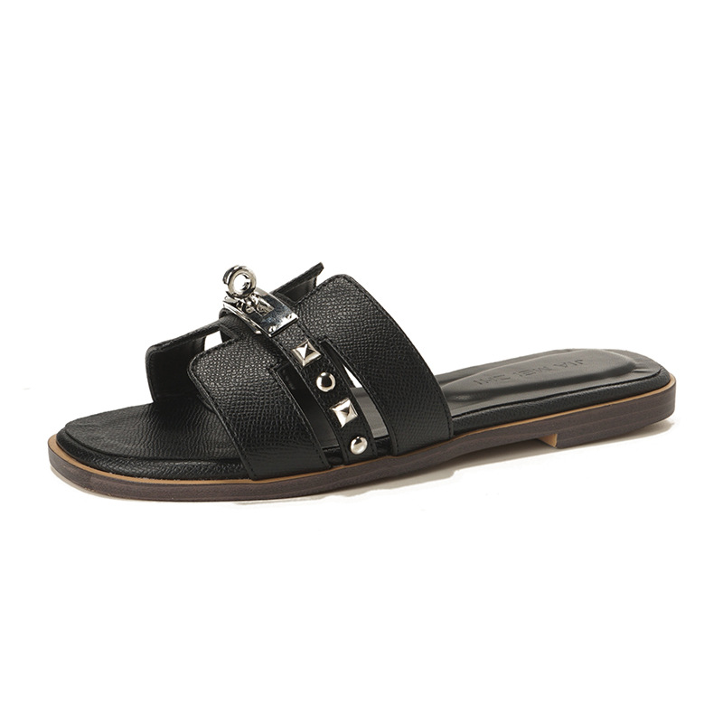 High-end small gold buckle one-piece flip-flops for women, summer outerwear beach shoes, fashionable square-toed flat sandals for women Item Picture